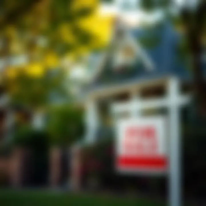 A vibrant neighborhood with a 'For Sale' sign in front of a house