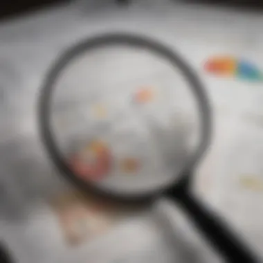 A magnifying glass over financial reports and company data.