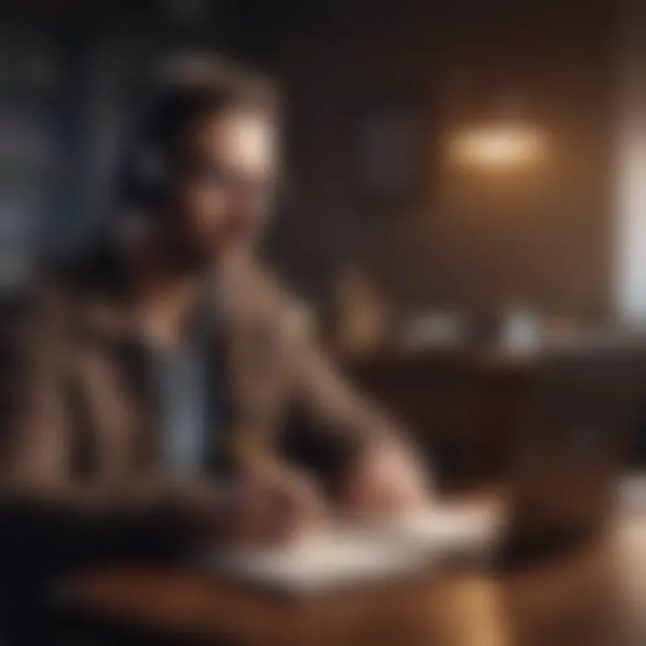 Person listening to podcasts with notebook