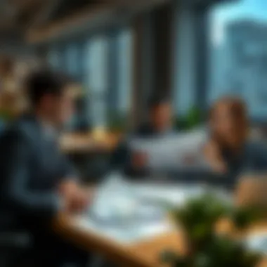 Collaborative Investment Insights An office setting with professionals engaging in discussions over financial reports and news articles.