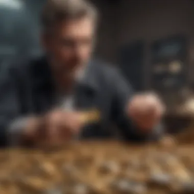 Investor examining gold and silver coins