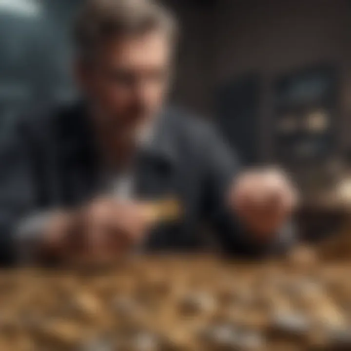 Investor examining gold and silver coins