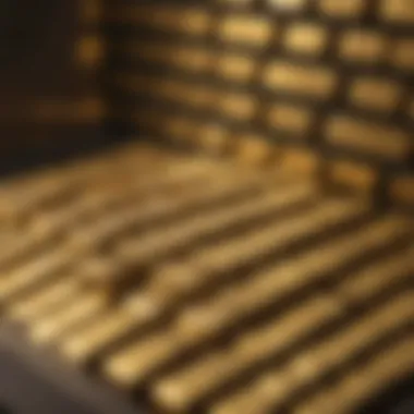 An elegant display of various gold bullion bars and coins in a secure vault.