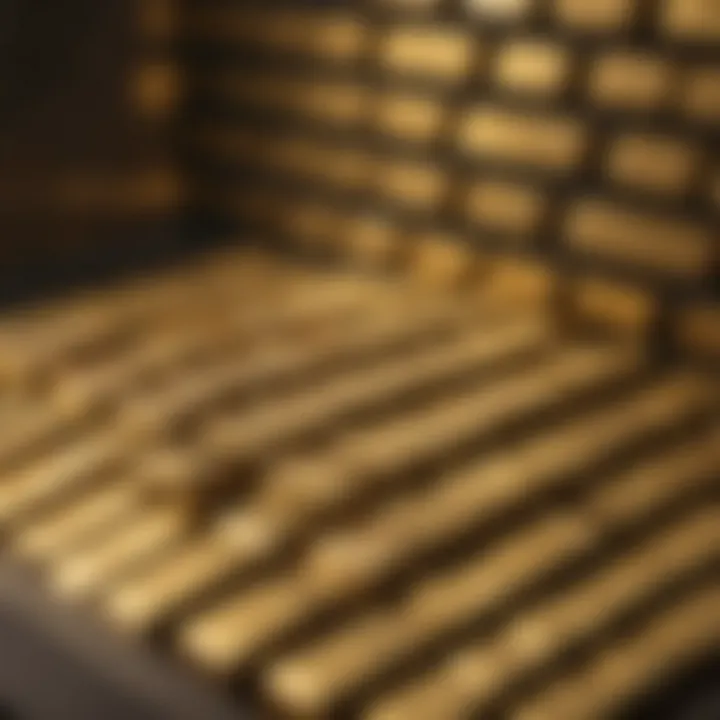 An elegant display of various gold bullion bars and coins in a secure vault.