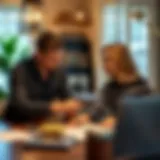 A couple discussing refinancing options at a table.