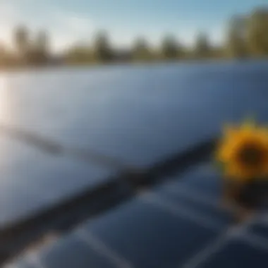 Solar panels reflecting sunlight on a clear blue sky