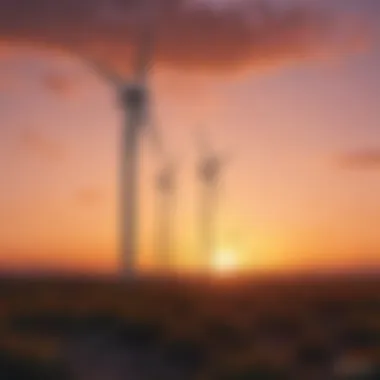 A wind turbine silhouetted against a vibrant sunset