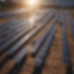 Aerial view of solar panels reflecting sunlight
