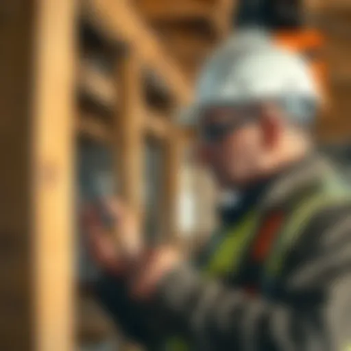 A detailed view of a home inspector examining structural elements