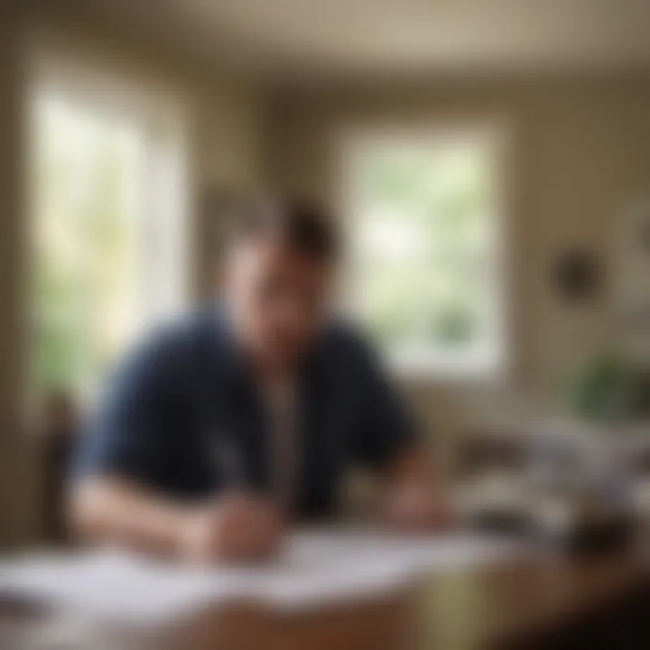 A distressed homeowner reviewing financial documents at a table